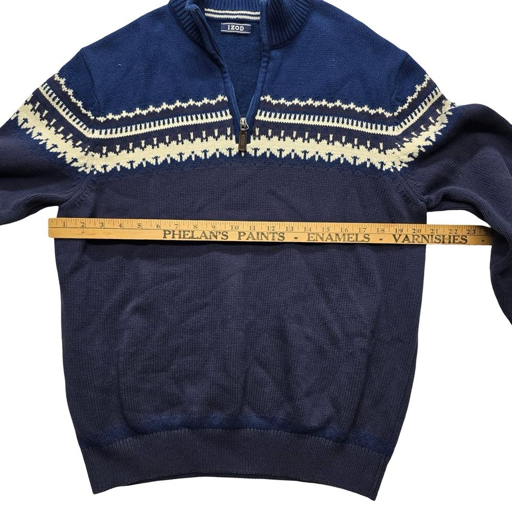 IZOD Fair Isle‎ Quarter Zip Sweater Navy Men’s Large Cotton Blend *small hole* - Picture 6 of 10